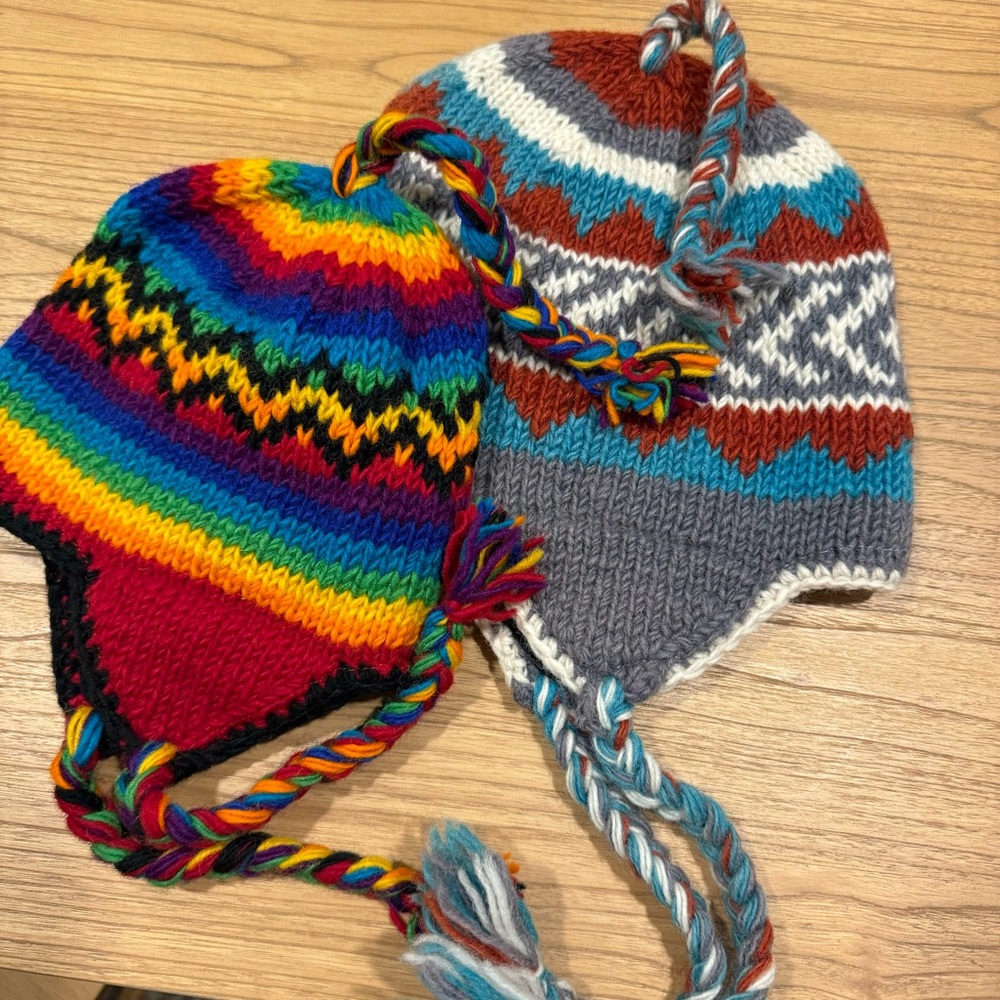 100% Wool Hand Knit Earflap Beanie Ski Fleeced Lining Hat
